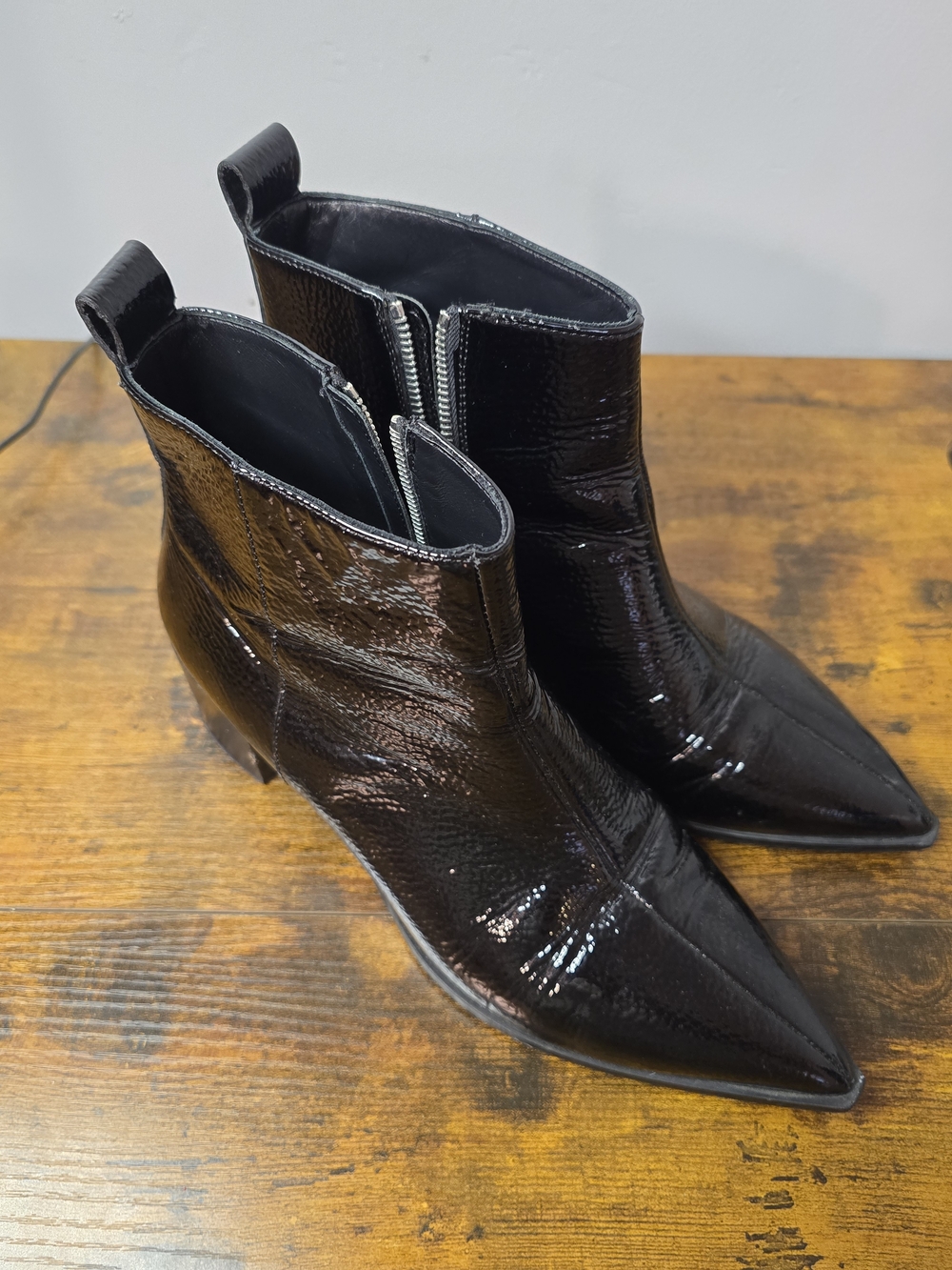 Patent Pointed-Toe Ankle Boots - Black